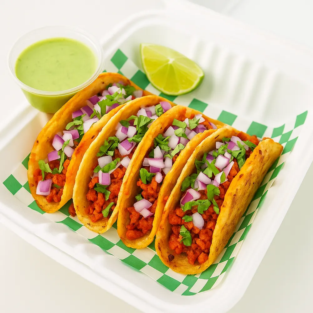 Chorizo tacos in a takeout tray with lime